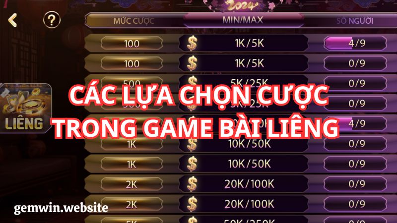 Các lựa chọn của người chơi tại vòng cược trong game bài Liêng